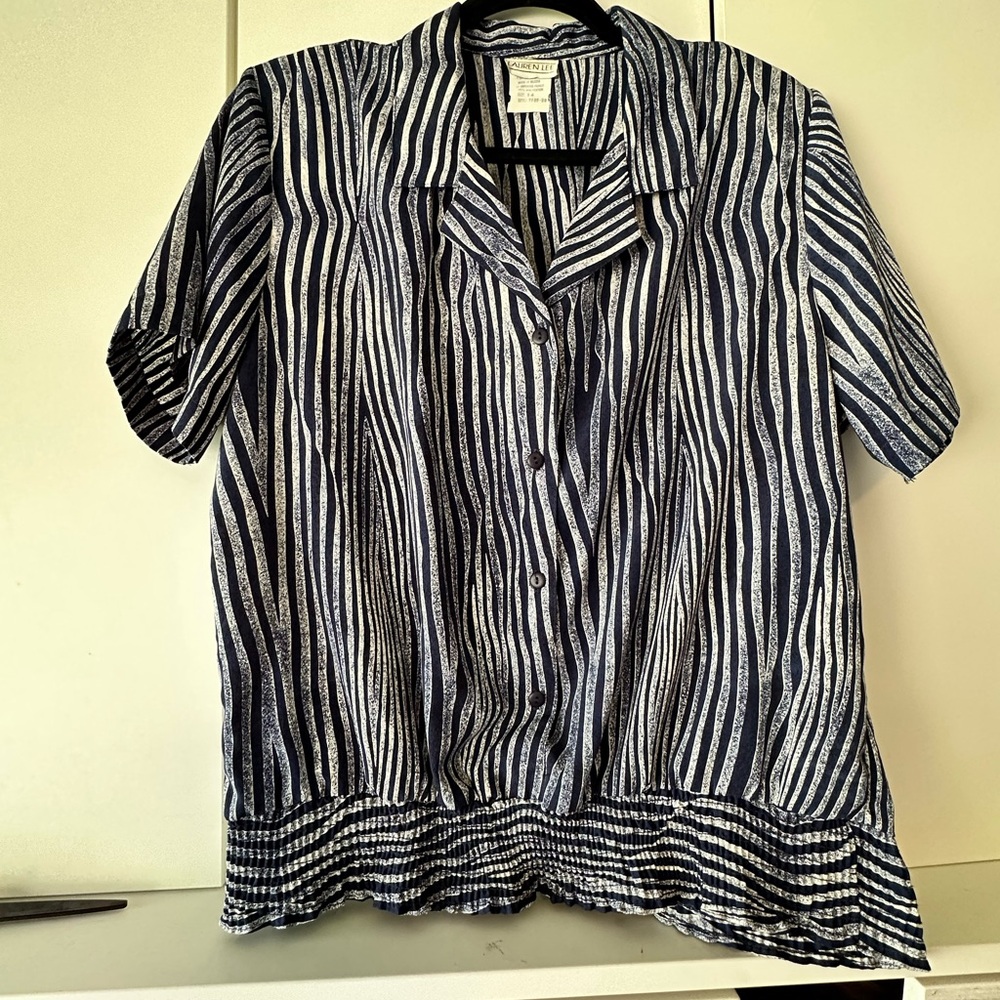 🦓 Vintage Lauren Lee Size 14 Navy White Stripe Button Front Blouse